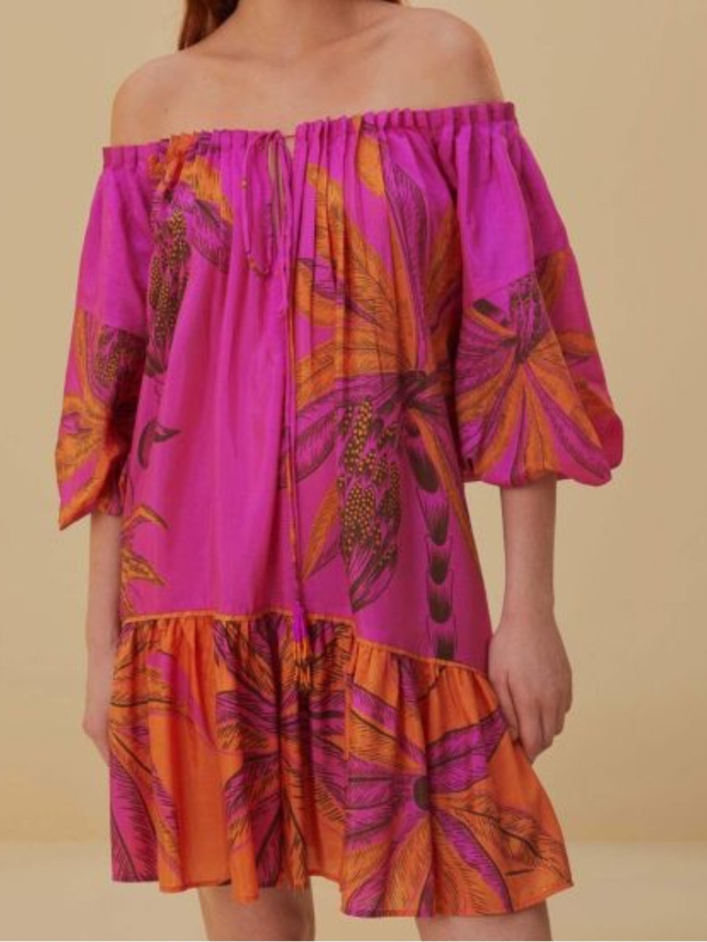 Farm Rio Main Beach Forest Pink Off The Shoulder Mini Dress Size Medium